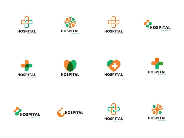 Medical & Health Logo Template Icon Illustration Set In Cross, Heart, Round shape