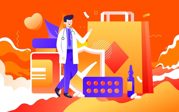 Иллюстрация медицины и технологий здравоохранения Доктор, охраняющий безопасность, профилактика заболеваний Плакат