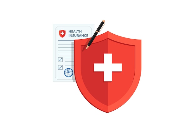 Medical healthcare insurance concept red shield on patient protection policy and pen vector medicine