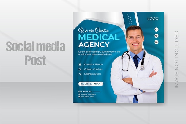 Medical healthcare services social media post template design for web banner.