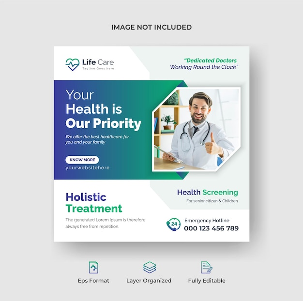 의료 의료 소셜 미디어 게시물 디자인 템플릿 또는 편집 가능한 사각형 전단지 포스터 배너