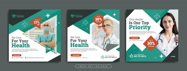 Сообщение в социальных сетях о медицинском здравоохранении или веб-баннер с логотипом и бизнес-значком