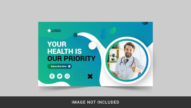 Vettore miniatura di youtube di assistenza sanitaria medica e modello di banner web vettore premium
