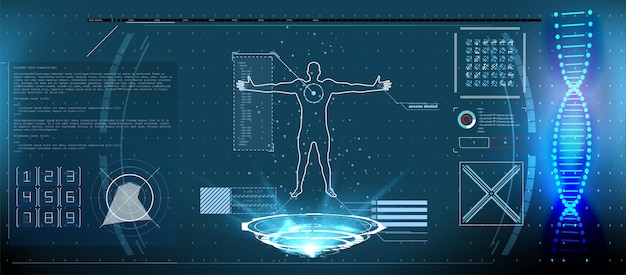 Ologramma medico con corpo, esame in dna digitale stile hud, sequenza, struttura del codice con bagliore. esame medico dell'interfaccia utente dell'elemento hud. visualizza il set di elementi dell'interfaccia virtuale.