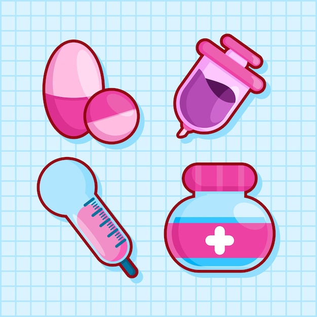 Медицинский набор иконок мультфильм элемент набора различных медицинских предметов на синем фоне