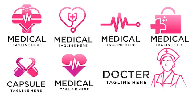 Set di icone mediche modello di progettazione del logo con pillole d'amore infermiere e stetoscopio