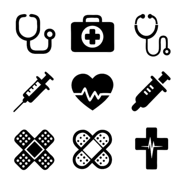 Medical Icons Set Stethoscope First Aid Kit Syringe Heart amp Bandage