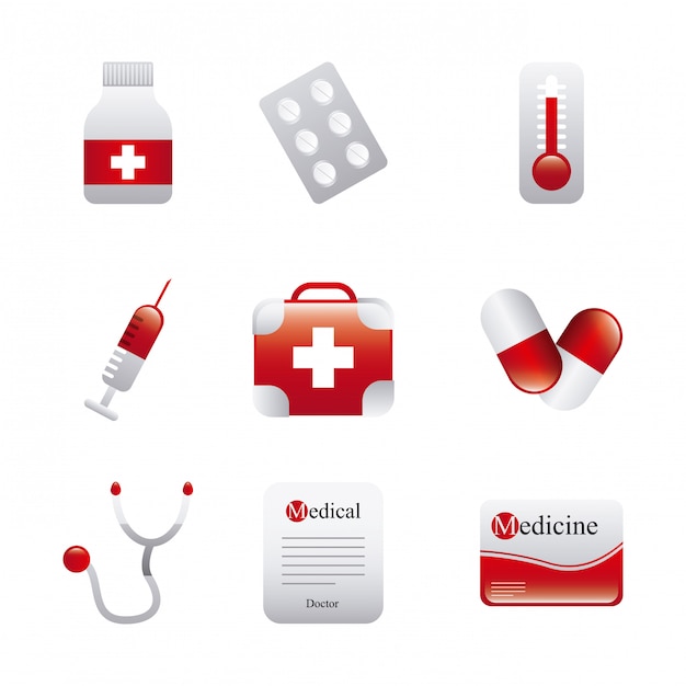 Icone mediche sopra illustrazione vettoriale sfondo bianco