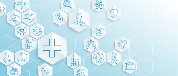 Le icone mediche con gli esagoni geometrici modellano la priorità bassa di concetto di scienza e della medicina