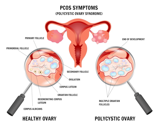 Медицинская инфографика гинекологического заболевания синдрома поликистозных яичников pcos на векторной иллюстрации