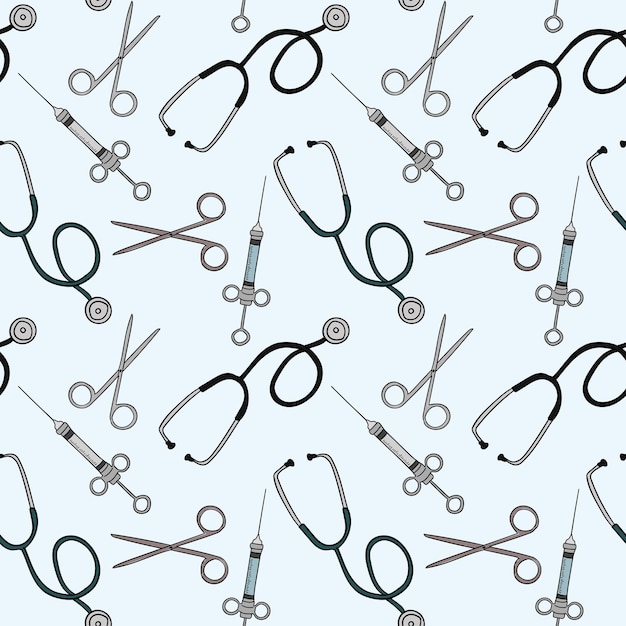 Medical instruments seamless pattern on a blue background.