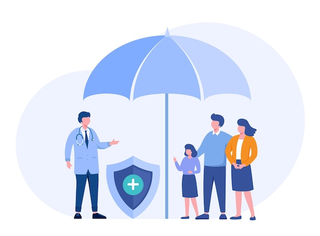 Vector medical insurance family health insurance protection concept umbrella healthcare landing page flat illustration vector template banner