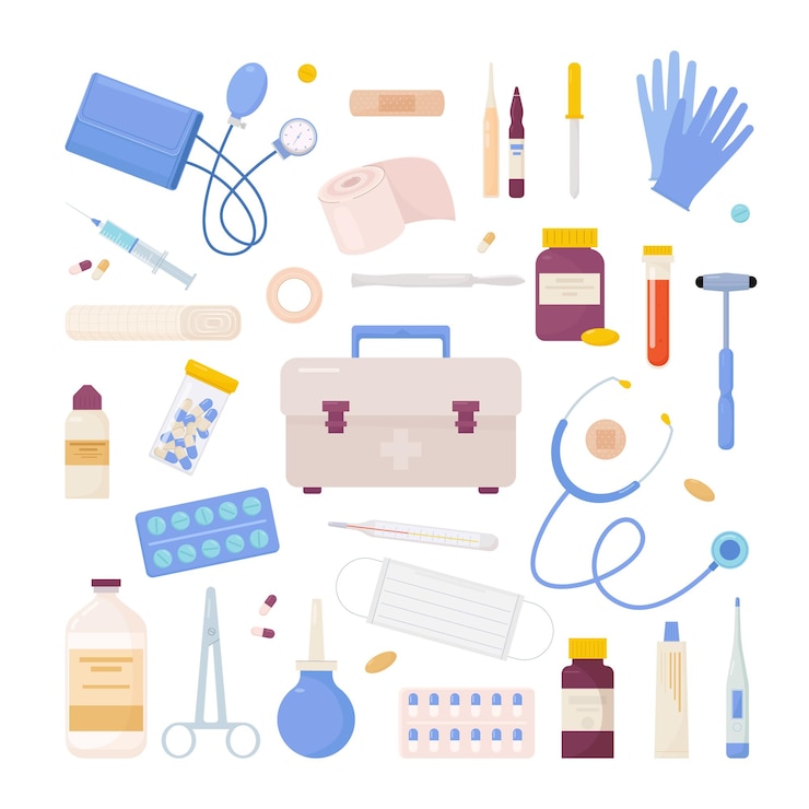 Premium Vector Medical items collection flasks tablets syringe Premium Vector Medical items collection flasks tablets syringe