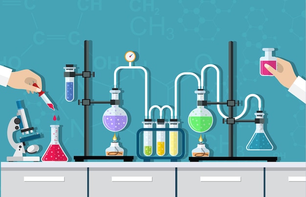 Vector medical laboratory. research, testing, studies in chemistry, physics, biology. laboratory equipment. hands of doctor with pipette and test tube.