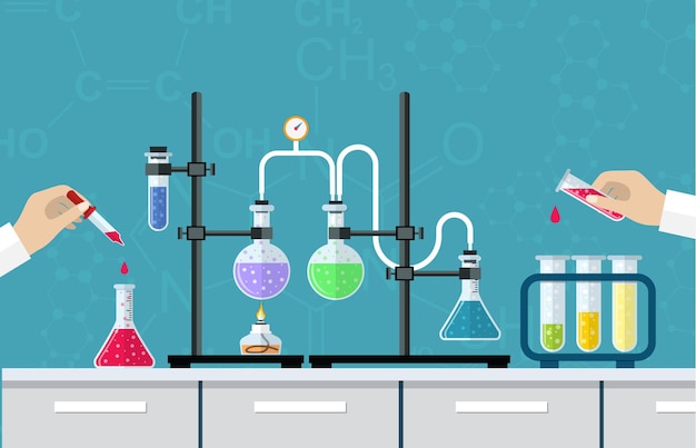 Vettore laboratorio medico. ricerca, sperimentazione, studi in chimica, fisica, biologia. attrezzatura da laboratorio