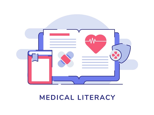 Vector medical literacy concept open book heartbeat bandage