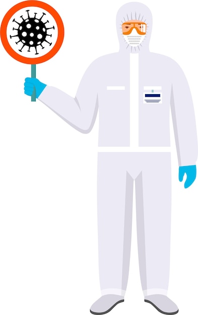 Vettore un medico in tuta protettiva contro i rischi biologici da radiazioni, casco e respiratore tiene in mano un cartello di avvertimento