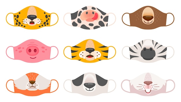 Premium Vector | Medical mask with animals faces. tiger, pig and zebra, bear and rabbit, fox and cow kids covid-19 protective masks vector set. face animal protection mask against coronavirus illustration Premium Vector | Medical mask with animals faces. tiger, pig and zebra, bear and rabbit, fox and cow kids covid-19 protective masks vector set. face animal protection mask against coronavirus illustration