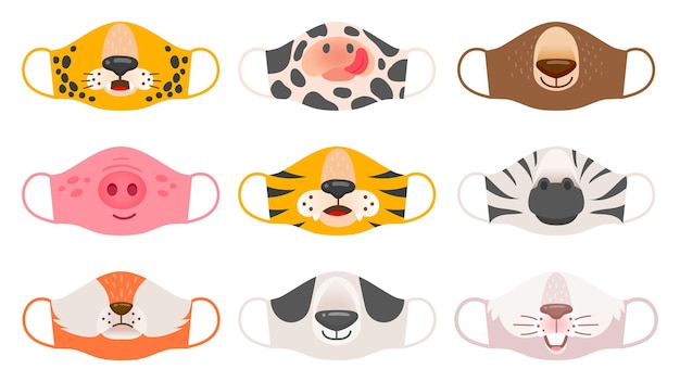 Maschera medica con facce di animali. set vettoriale di maschere protettive covid-19 per bambini tigre, maiale e zebra, orso e coniglio, volpe e mucca. maschera di protezione degli animali per il viso contro l'illustrazione del coronavirus