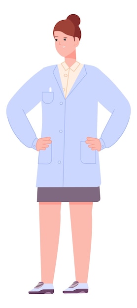 흰색 배경에 고립 된 실험실 코트 병원 작업자 의료 간호사 문자 여자