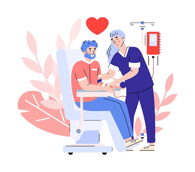 Medical nurse taking blood of volunteer cartoon vector illustration isolated