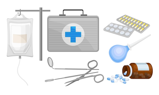 Вектор Медицинские предметы из коробки первой помощи с таблетками в блистерной упаковке и резиновым шприцем векторный набор