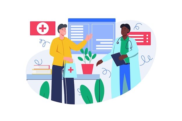 Vector medical office color concept with people scene in the flat cartoon design patient came to the doctor