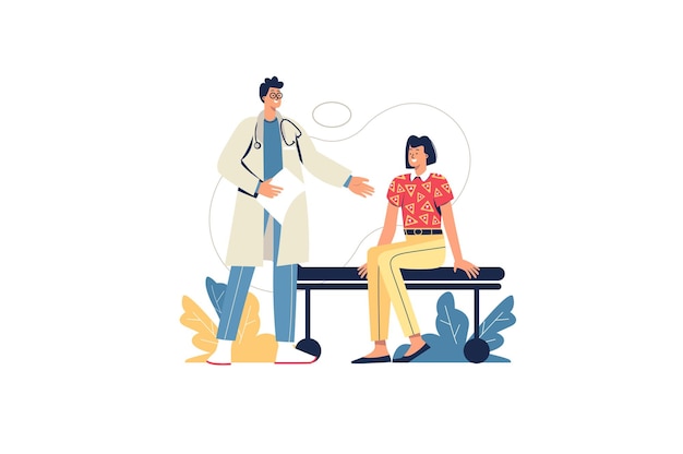 Medical office web concept. Doctor consults patient, diagnostics and treatment prescription. Woman visiting therapist in clinic, minimal people scene. Vector illustration in flat design for website