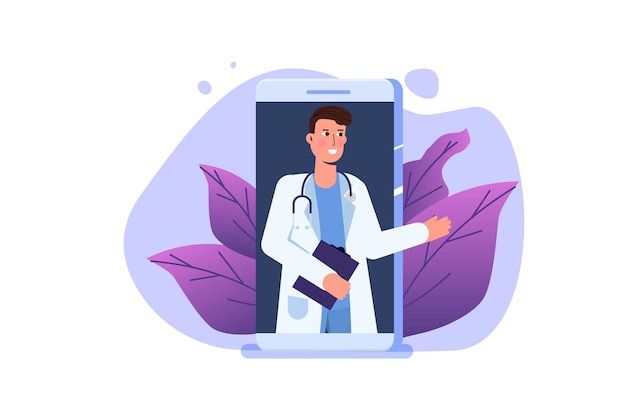 Medical online conference, Doctor Distant online  consultation concept.  Flat Vector Illustration