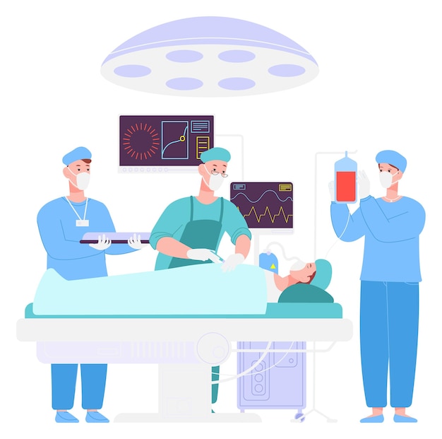 Vector medical operation doctor treat patient in surgical room