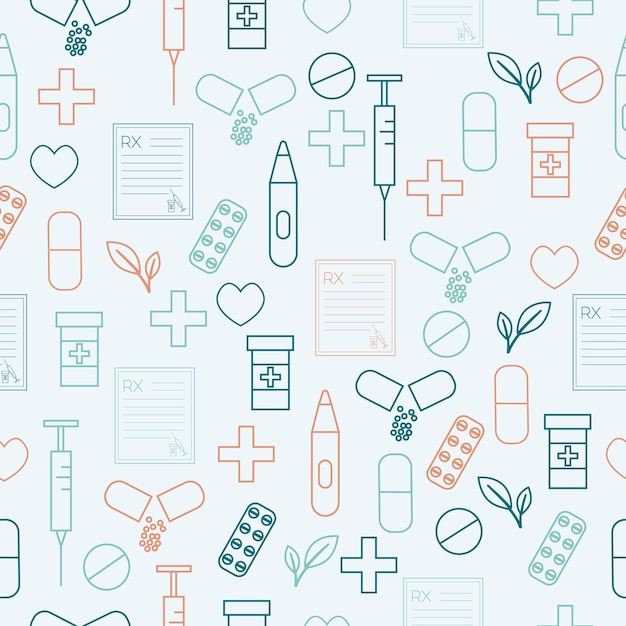 Vector medical outline seamless pattern with pill syringe heart prescription