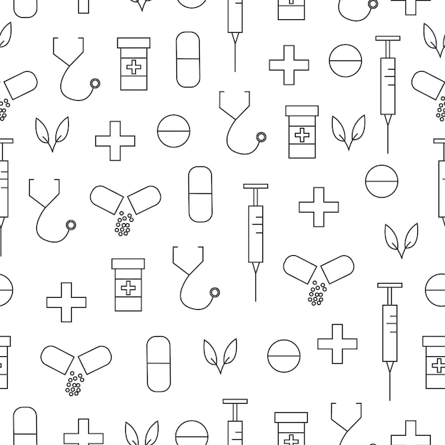 Medical outline seamless pattern with pill syringe and stethoscope