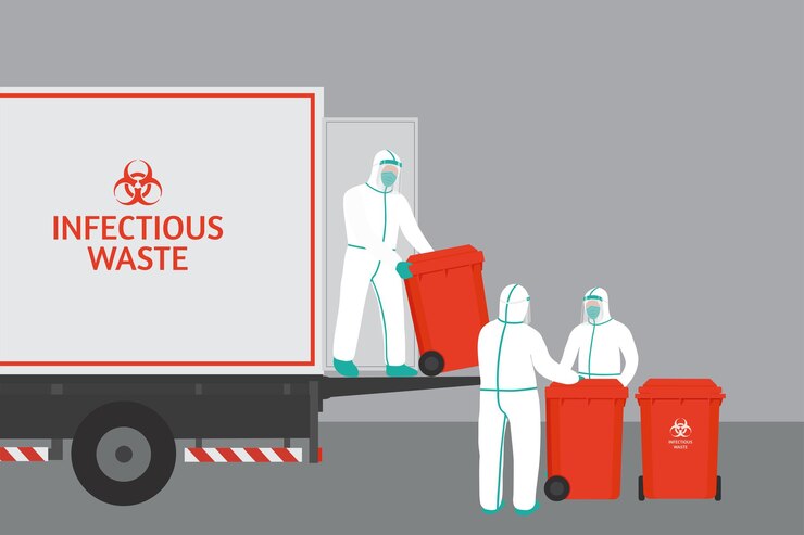 Vector medical personnel moving infectious waste to be disposed of properly