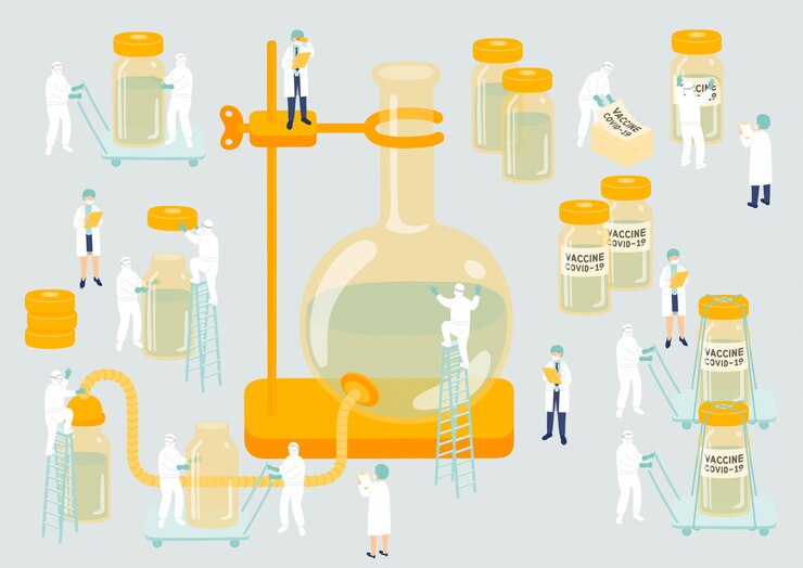Vector medical personnel teamwork management manufacturing miniature assembly lab team staff people generate covid-19 vaccine, science laboratory metaphor poster or social banner illustration isolated