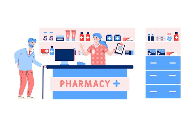 Medical pharmacy with pharmacist and old man buying drugs a vector illustration