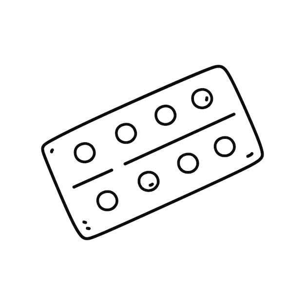 Vettore blister di pillole mediche isolato su uno sfondo bianco confezione con farmaci in stile doodle