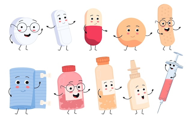 Medical pill characters in cartoon style with faces Children illustrations of curing diseases Cute happy pill characters fight bacteria and viruses Vector illustration