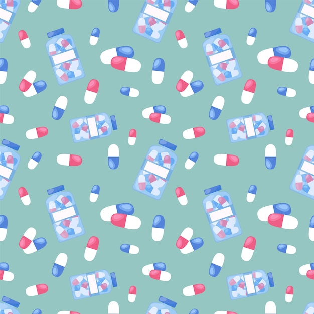 Medical pills seamless background. Pharmacy pattern. Colorful pills, tablets and capsules. Vector flat illustration.