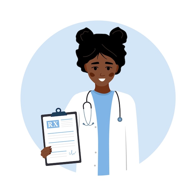 Vector medical prescription african female doctor in uniform holding clipboard with recipe for patient healthcare treatment and pharmacy concept vector illustration in flat cartoon style