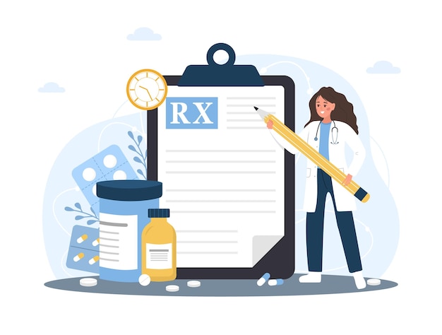 Medical prescription drugs concept Female doctor with giant pencil standing near large recipe on clipboard Diseases therapy pills Pharmacy control Vector illustration in flat cartoon style