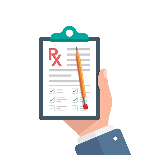Medical prescription pad in hand illustration in flat style Rx form vector illustration on isolated background Doctor document sign business concept