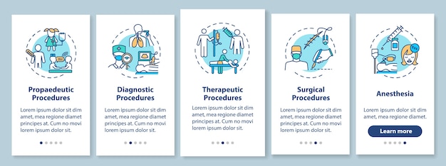 Medical procedures types onboarding mobile app page screen with concepts