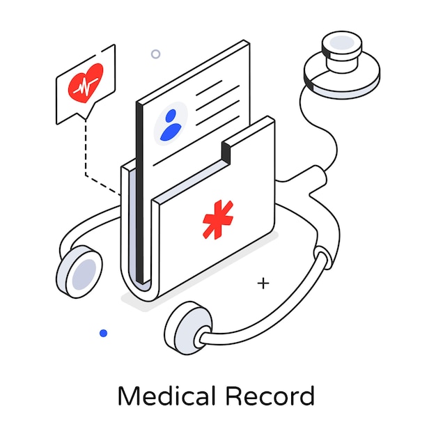 A medical record is shown on a white background with a heart and a stethoscope.