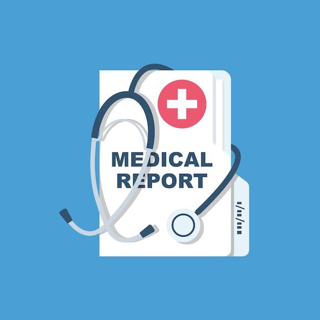 Medical report concept. Vector illustration flat design. Isolated on white background. Clipboard with stethoscope medical icon.