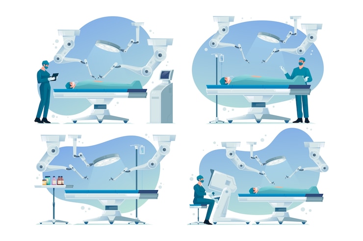 Vector medical robots hand drawn mini composition set