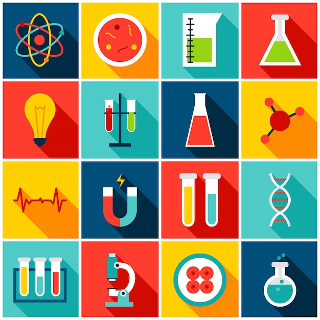 Icone colorate di scienza medica. illustrazione di vettore. set di articoli per la salute a rettangolo piatto con ombra lunga.