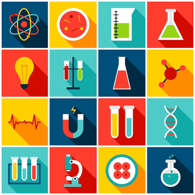 Medical science colorful icons. vector illustration. set of flat rectangle health items with long shadow.