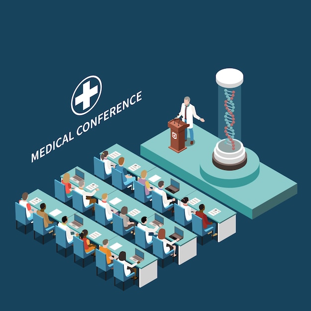 Vector medical scientific conference isometric hall interior element with dna model podium presentation for participants background vector composition