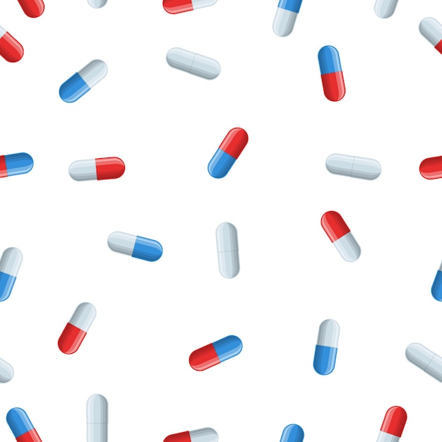Медицинский бесшовный образец с красными, синими и белыми медицинскими капсулами. фармакология с фармацевтическими препаратами. фон медицины для упаковки таблеток или лекарств. векторная иллюстрация.