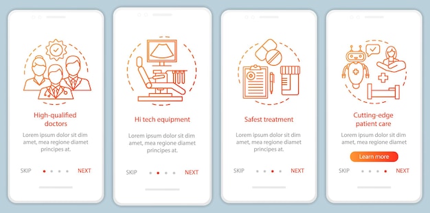 Vantaggi del servizio medico onboarding schermata della pagina dell'app mobile con concetti lineari procedure dettagliate per il trattamento di medici qualificati istruzioni grafiche ux ui gui modello vettoriale con illustrazioni